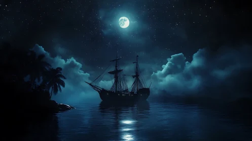 Moonlit pirate ship drifts across misty tropical cove