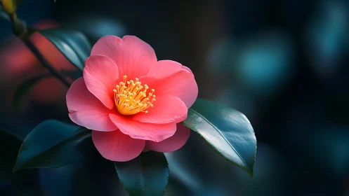 Coral Pink Camellia Bloom with Golden Stamens