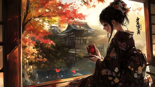 Autumn kimono maiden contemplates tea in warm temple light.