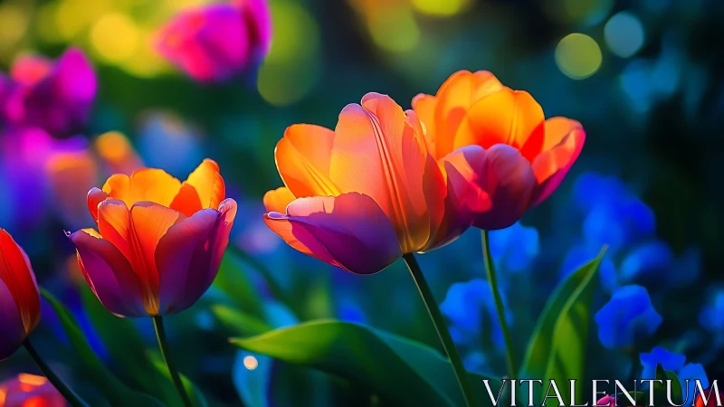 Luminous gradient tulips with bokeh background depth.