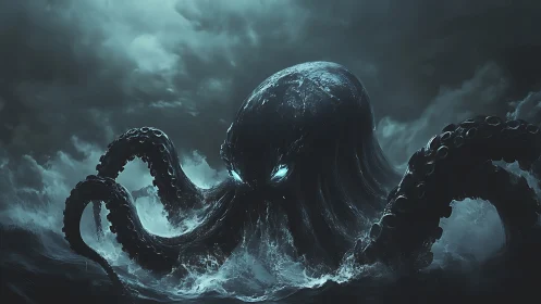 Abyssal bioluminescent kraken emerging from storm-torn sea.