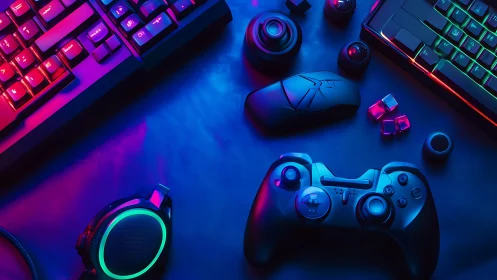RGB-lit gaming setup glows in neon cyber ambience