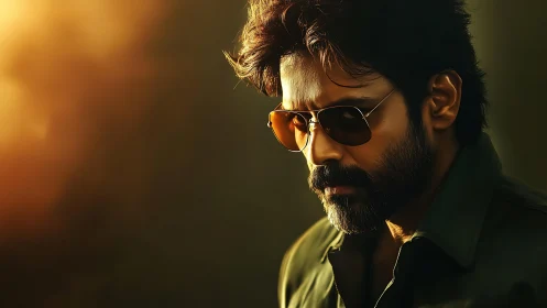 Photorealistic cinematic portrait in warm rim lighting profile.