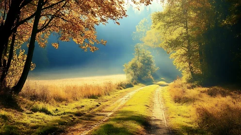 Radiant rural path under volumetric autumn backlighting.