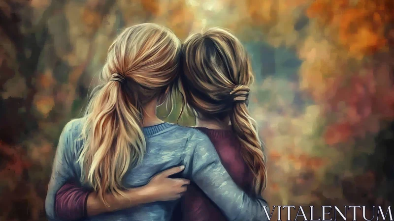 Two Girls Embracing in Autumn, Impressionist Digital Painting.