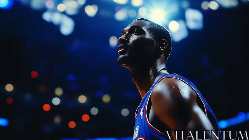 Basketball player stands under arena lights in focused anticipation