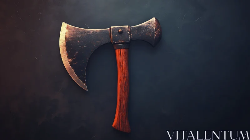 Battle-worn double-headed axe on moody dark backdrop.