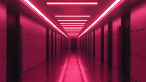 Neon pink corridor extends with symmetric doors and ceiling lights