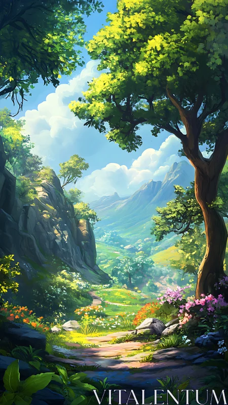 Sunlit mountain valley path framed by lush forest trees.