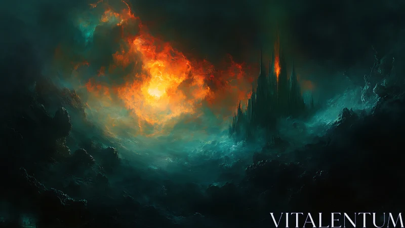 Infernal citadel emerging through stormlit volcanic abyss.