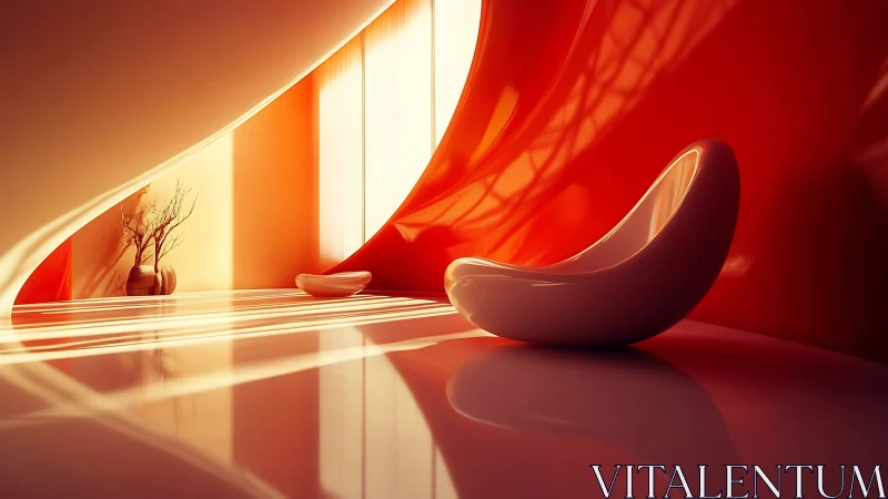 Minimalist Interior with Red Walls and Curved Furniture Form.