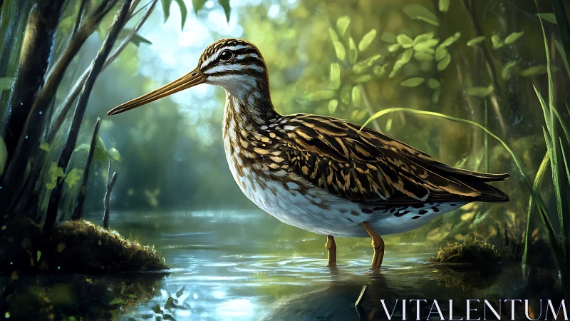 Realistic snipe bird wading in lush forest stream, digital art style.