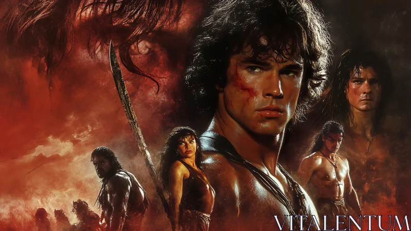 Warrior figures in composite fantasy battle illustration.