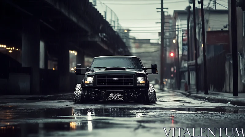 Modified black truck dominates wet urban underpass in rain