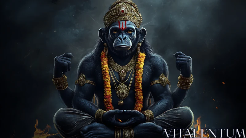 Four-armed anthropoid deity figure in meditative seated pose.