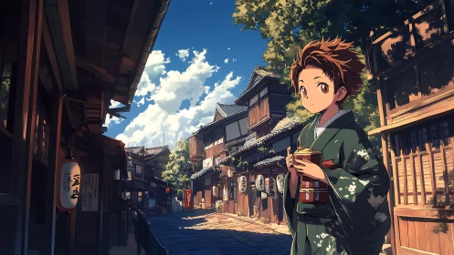 Anime child in kimono on sunlit traditional street.
