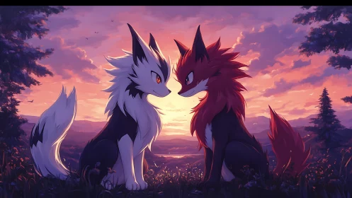 Twilight fox spirits sharing a quiet, glowing horizon moment.