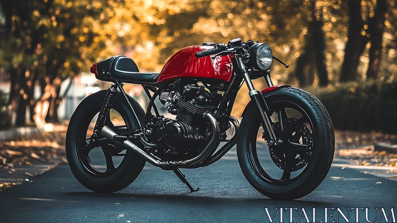 Crimson café racer idles bold amid sunlit autumn hush.