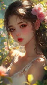 Sunlit anime portrait renders soft-focus floral bokeh field
