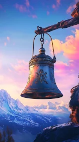 Suspended metal bell above distant snow covered mountains.