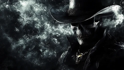 Skeletal gunslinger portrait renders in high-contrast monochrome