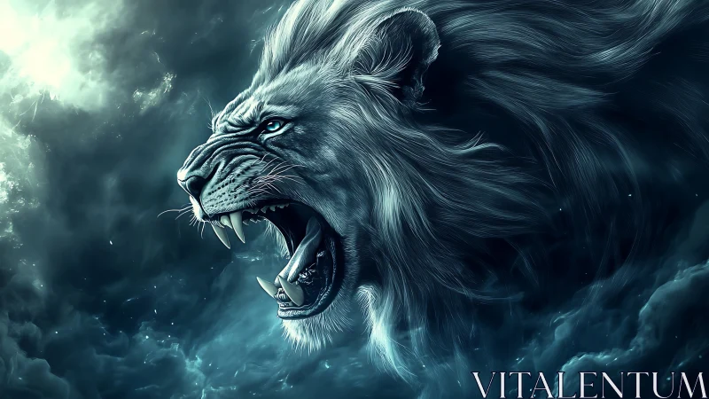 Roaring spectral lion head in stormy teal mist.