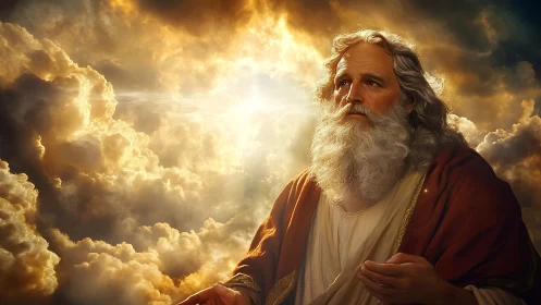 Gentle bearded elder bathed in radiant golden clouds.