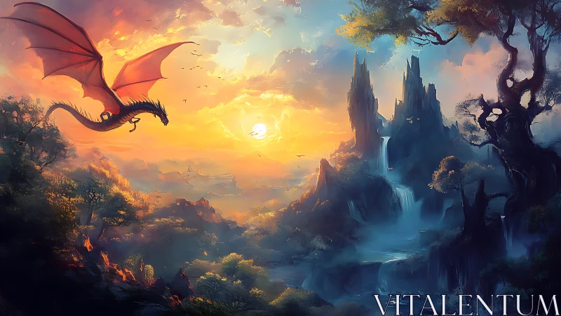 Crimson dragon glides through waterfalls and a blazing dawn sky