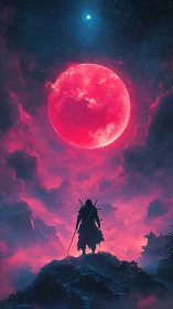 Lone swordsman under vivid red moon in stormy sky.