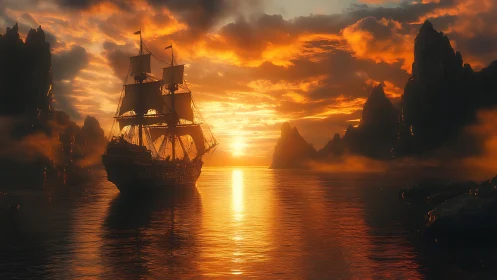 Sailing ship crosses reflective inlet at low sun over ridges