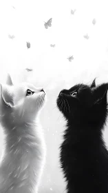 Two Cats Gazing at Butterflies in Monochrome Reverie