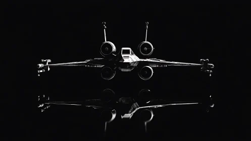 Silent starfighter poised above a glossy cosmic mirror.