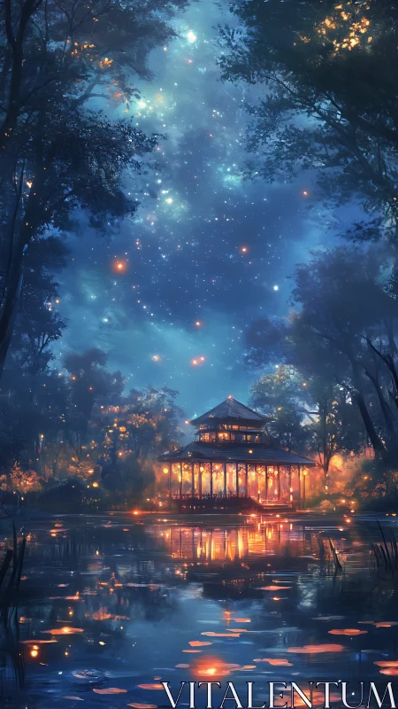 Starlit lakeside pavilion glows softly in a tranquil forest night