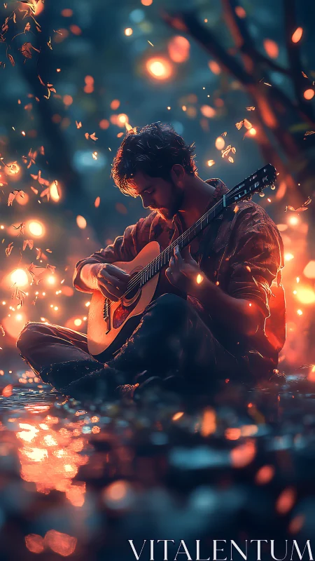 Guitarist in ember-lit forest pool under drifting sparks.