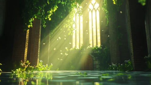 Volumetric sunlight in overgrown cathedral nave interior.
