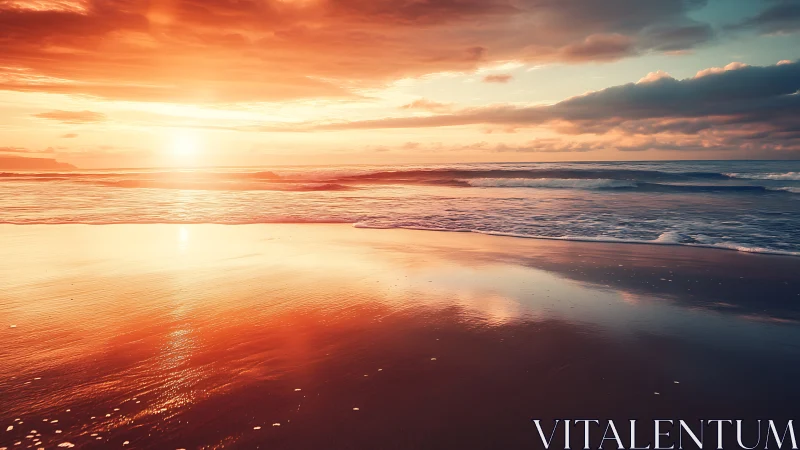 Sunset tide painting the shore in molten ember light.