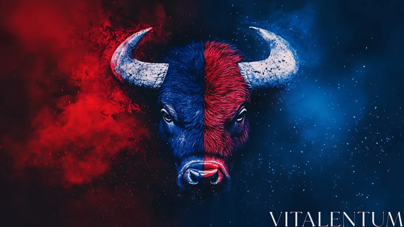 Bison split portrait glows in red and blue cosmic haze.