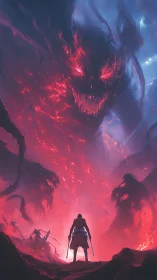 Lone swordsman confronts colossal infernal entity in mist