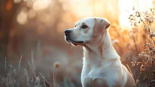 Yellow labrador in dry field at sunset with soft focus.