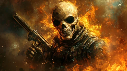 Flaming skull soldier strides from inferno holding a pistol