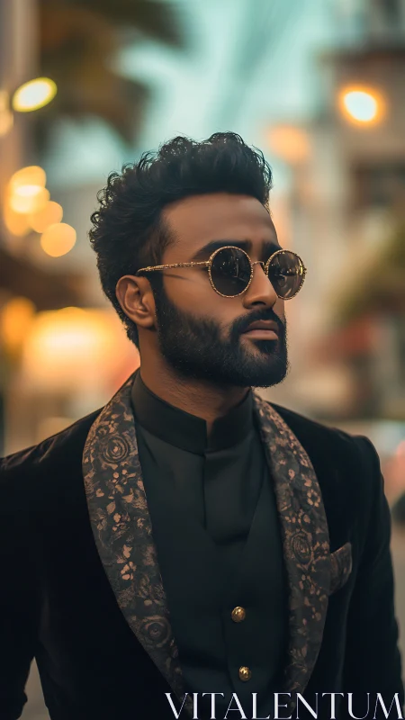Stylish man in ornate velvet blazer under bokeh city lights