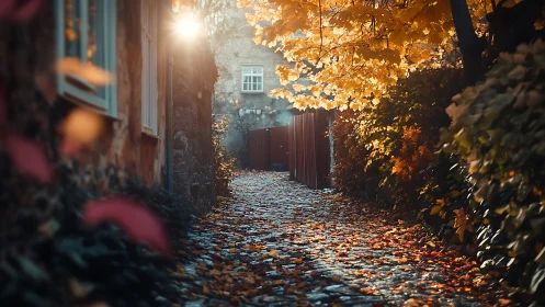 Backlit cobblestone alley captures shallow depth and warm bokeh glow
