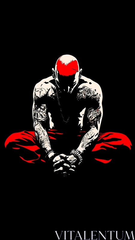 Tattooed figure in red-black negative space meditation pose.