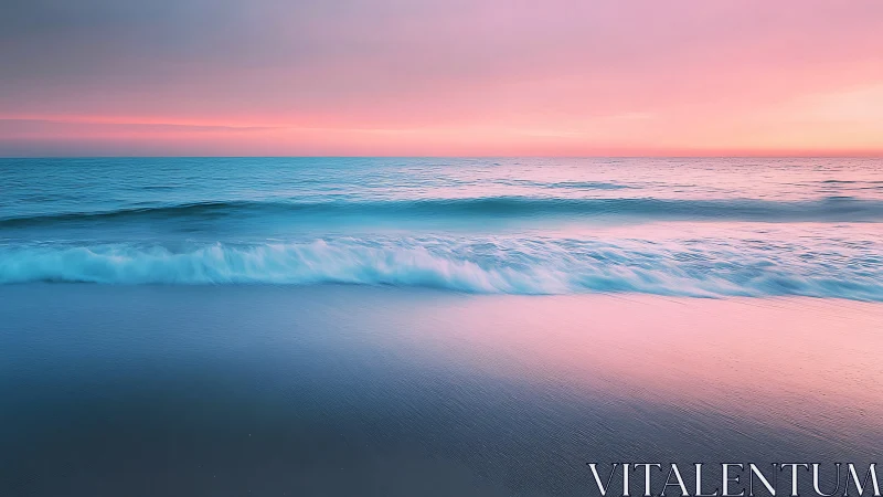 Pastel waves roll onto a tranquil beach at sunset.