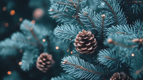 Frosted pine cones nestled in teal winter evergreen boughs.