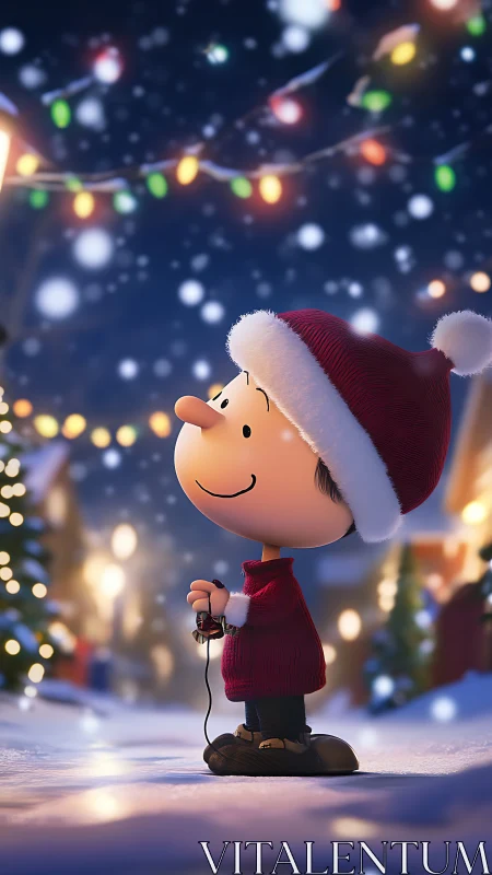 Cartoon child stands in snowy street under hanging lights