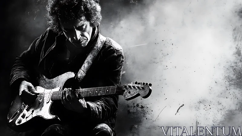 Monochrome electric guitarist positioned against abstract backdrop