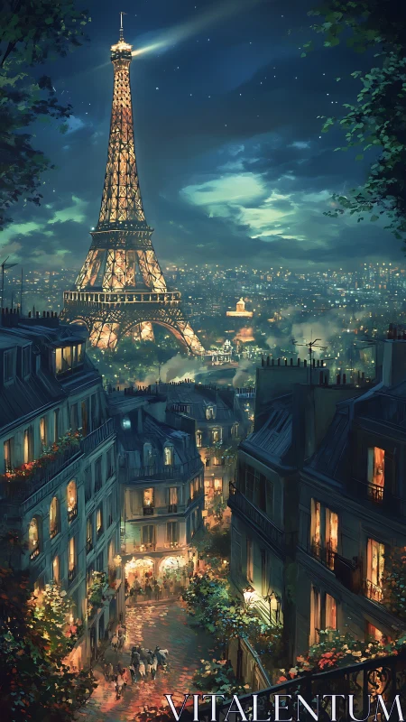 Eiffel Tower glows above lively Paris street at night.