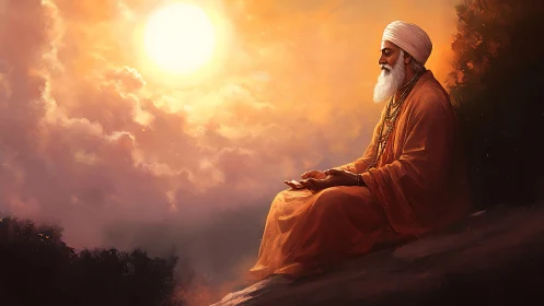 Digital painting of meditative sage in radiant sunset atmosphere.
