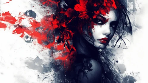 Crimson blossoms swirl around a mysterious, painted woman